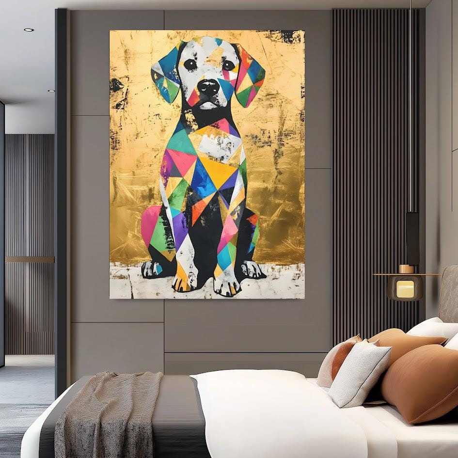 Vibrant Geometric Dog Pop Art Print, Colorful Beagle Canvas, Eclectic Gold Decor — Framed Print wall art