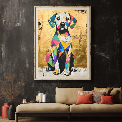 Vibrant Geometric Dog Pop Art Print, Colorful Beagle Canvas, Eclectic Gold Decor — Framed Print wall art