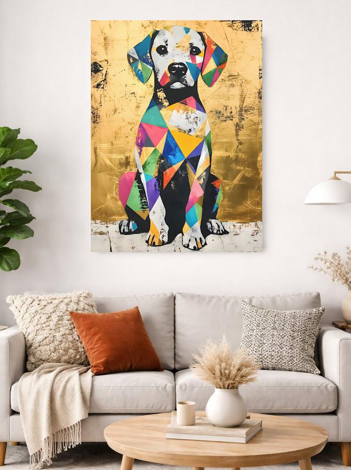 Vibrant Geometric Dog Pop Art Print, Colorful Beagle Canvas, Eclectic Gold Decor — Framed Print wall art
