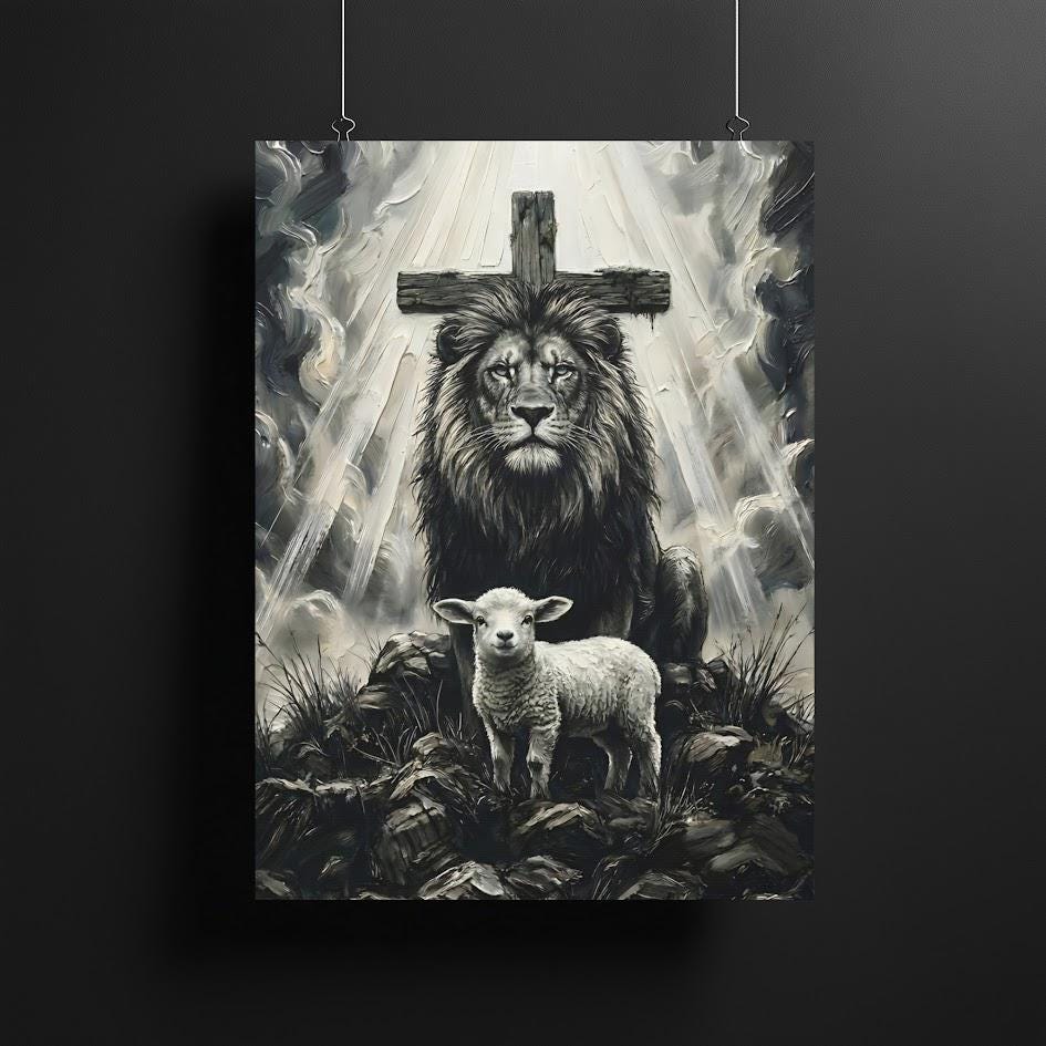 Lion of Judah and Lamb Canvas with Cross, Black and White Christian Wall Art, Religious Gift for Pastor or Prayer Room —