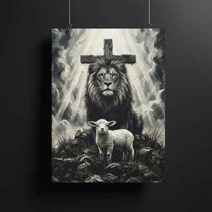 Lion of Judah and Lamb Canvas with Cross, Black and White Christian Wall Art, Religious Gift for Pastor or Prayer Room —