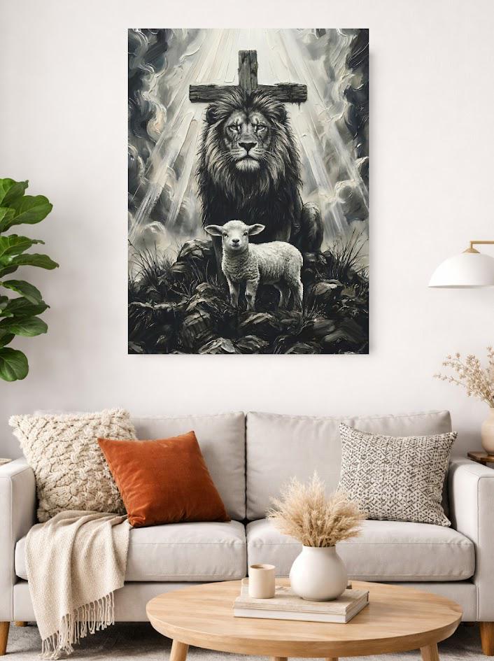 Lion of Judah and Lamb Canvas with Cross, Black and White Christian Wall Art, Religious Gift for Pastor or Prayer Room —