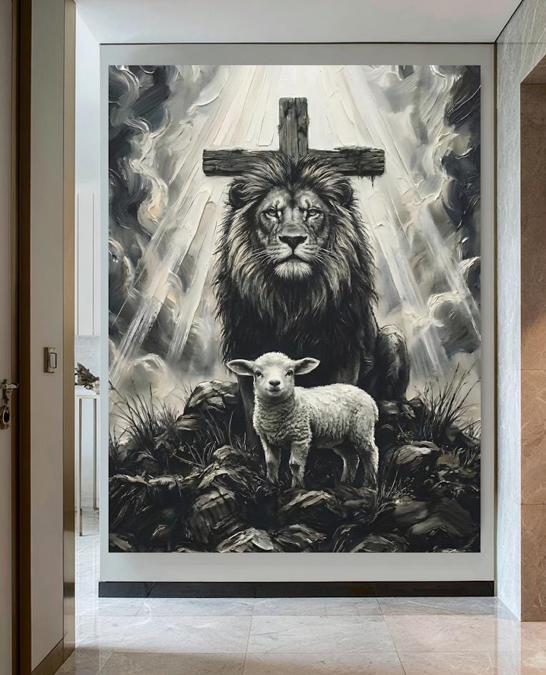 Lion of Judah and Lamb Canvas with Cross, Black and White Christian Wall Art, Religious Gift for Pastor or Prayer Room —