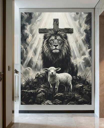 Lion of Judah and Lamb Canvas with Cross, Black and White Christian Wall Art, Religious Gift for Pastor or Prayer Room —
