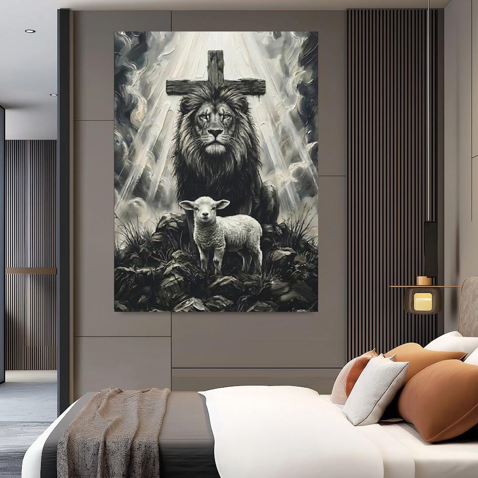 Lion of Judah and Lamb Canvas with Cross, Black and White Christian Wall Art, Religious Gift for Pastor or Prayer Room —
