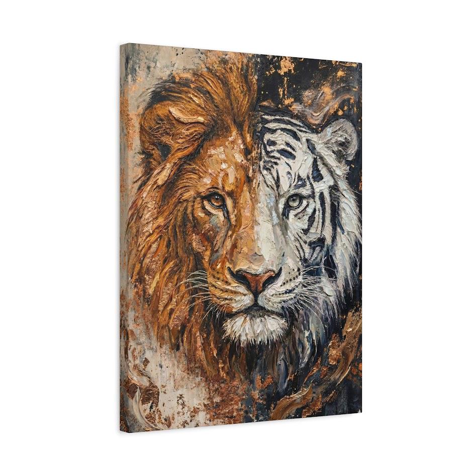 Lion and Tiger Split Face Canvas Art, Modern Wildlife Print, Big Cat Painting — Canvas wall art