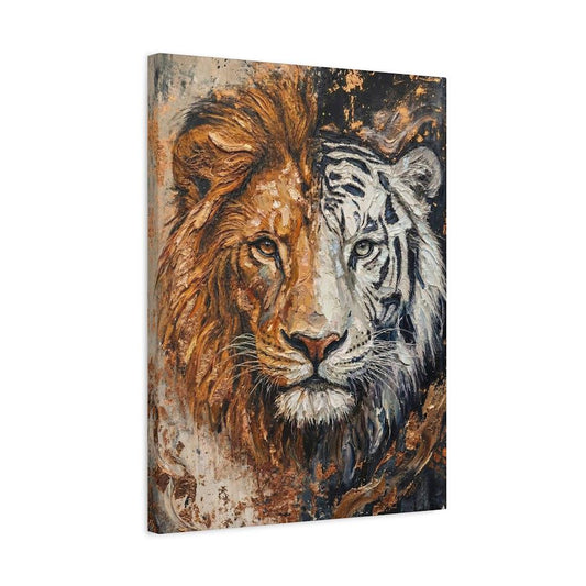 Lion and Tiger Split Face Canvas Art, Modern Wildlife Print, Big Cat Painting — Canvas wall art