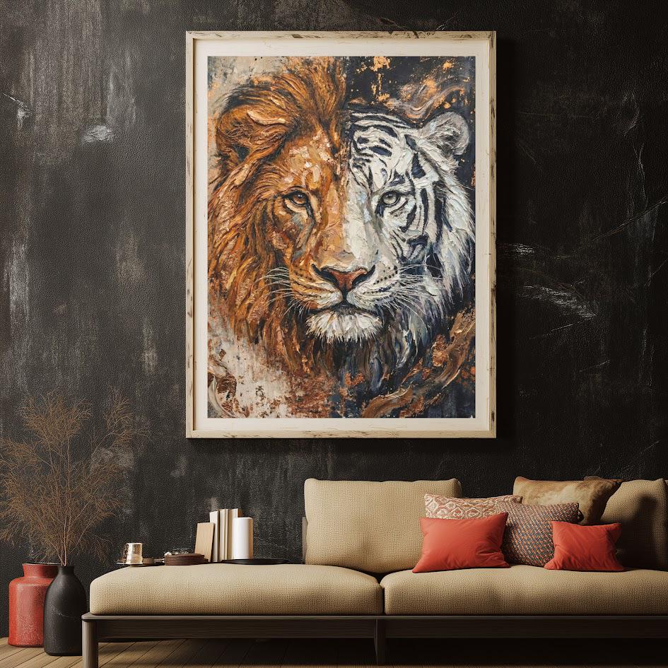 Lion and Tiger Split Face Canvas Art, Modern Wildlife Print, Big Cat Painting — Framed Print wall art