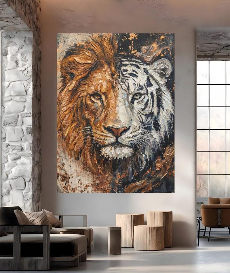 Lion and Tiger Split Face Canvas Art, Modern Wildlife Print, Big Cat Painting — Framed Print wall art