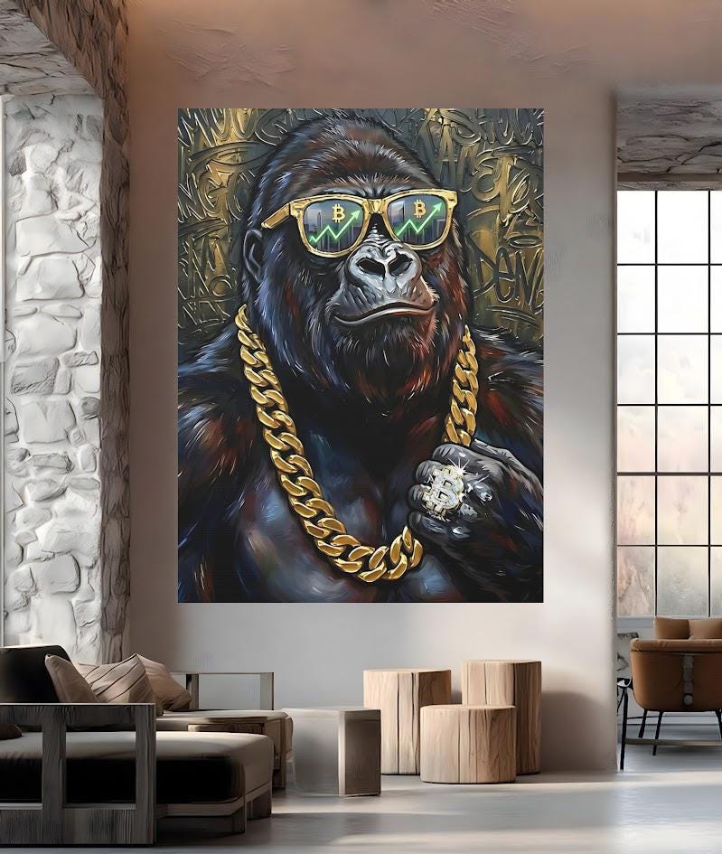 Bitcoin Gorilla Canvas Art, Graffiti Street Style, Crypto Investor Gift — Framed Print wall art