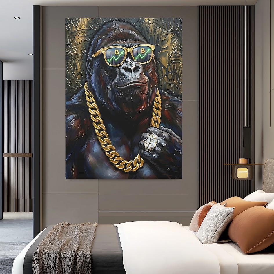 Bitcoin Gorilla Canvas Art, Graffiti Street Style, Crypto Investor Gift — Framed Print wall art
