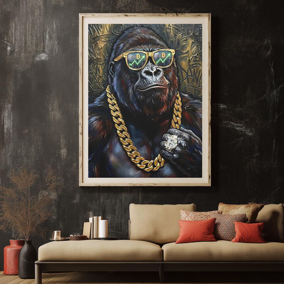 Bitcoin Gorilla Canvas Art, Graffiti Street Style, Crypto Investor Gift — Framed Print wall art
