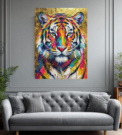 Tiger Wall Art | Colorful Gold Wildlife Canvas or Poster Print, Big Cat Painting — Framed Print wall art