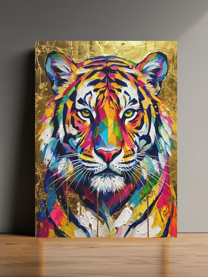 Tiger Wall Art | Colorful Gold Wildlife Canvas or Poster Print, Big Cat Painting — Framed Print wall art