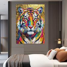 Tiger Wall Art | Colorful Gold Wildlife Canvas or Poster Print, Big Cat Painting — Framed Print wall art