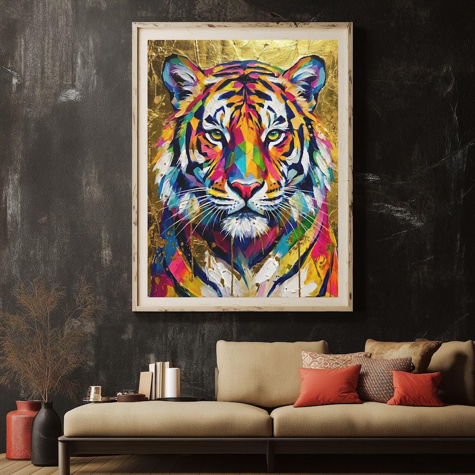 Tiger Wall Art | Colorful Gold Wildlife Canvas or Poster Print, Big Cat Painting — Framed Print wall art