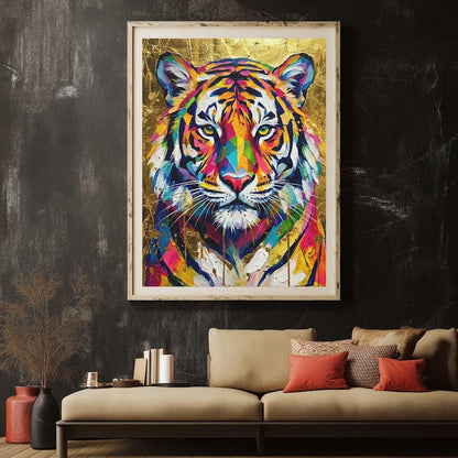 Tiger Wall Art | Colorful Gold Wildlife Canvas or Poster Print, Big Cat Painting — Framed Print wall art