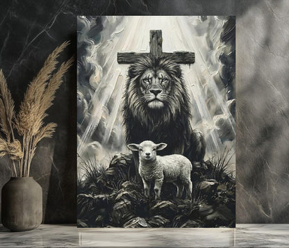 Lion of Judah and Lamb Canvas with Cross, Black and White Christian Wall Art, Religious Gift for Pastor or Prayer Room —