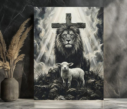 Lion of Judah and Lamb Canvas with Cross, Black and White Christian Wall Art, Religious Gift for Pastor or Prayer Room —