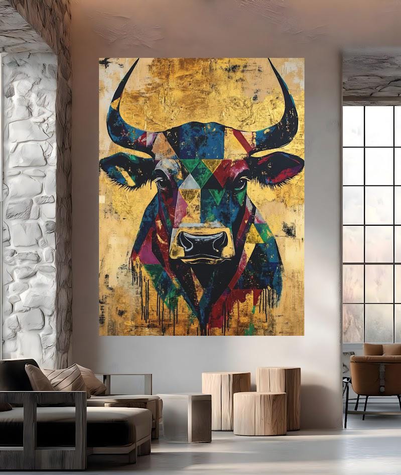 Geometric Bull Head Wall Art, Modern Western Decor for Southwest Living Room, Farmhouse Painting, Stock Trader Gift — Framed