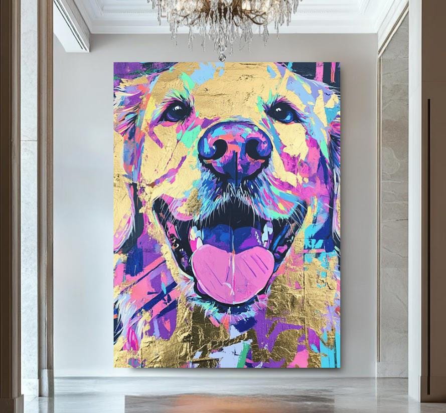 Happy Golden Retriever Painting Print, Abstract Neon Dog Wall Art, Unique Gift for Dog Mom or Veterinary Office Decor —