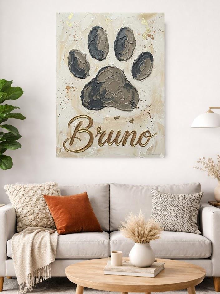 Personalized Dog Paw Print Canvas, Gold Name, Pet Memorial Art — Framed Print wall art