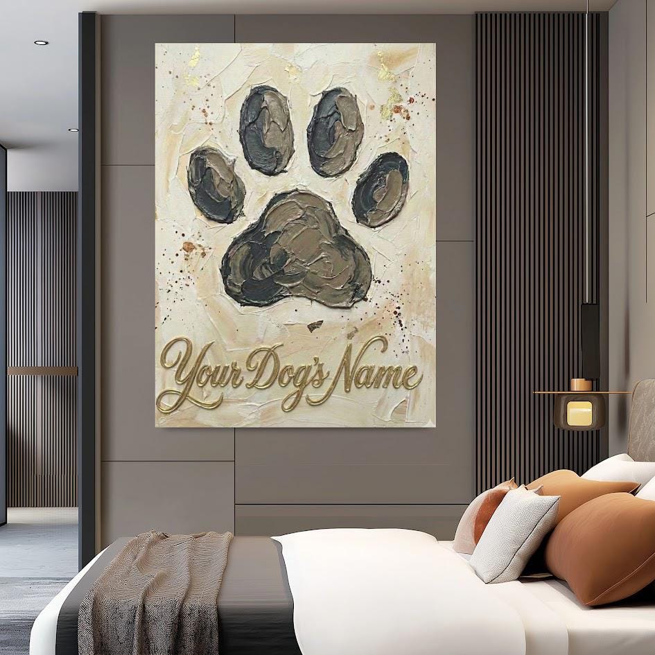 Personalized Dog Paw Print Canvas, Gold Name Pet Memorial Art — Framed Print wall art