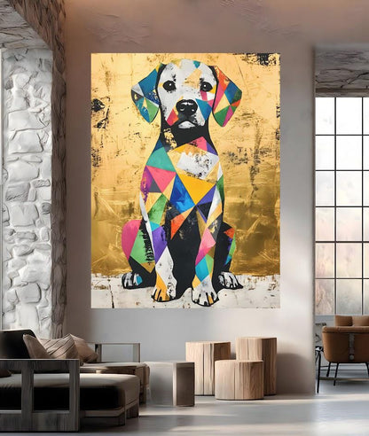 Vibrant Geometric Dog Pop Art Print, Colorful Beagle Canvas, Eclectic Gold Decor — Framed Print wall art