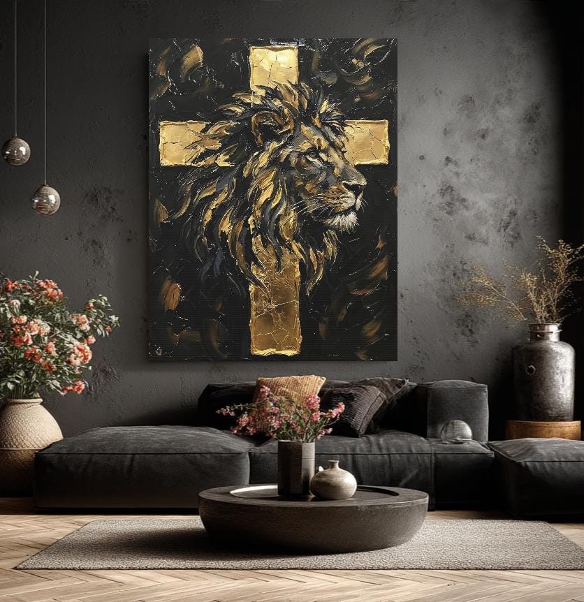 Lion of Judah Gold Cross Canvas Print | Christian Wall Art — Framed Print wall art