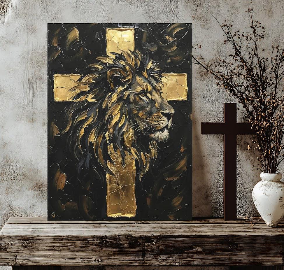 Lion of Judah Gold Cross Canvas Print | Christian Wall Art — Framed Print wall art