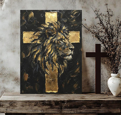 Lion of Judah Gold Cross Canvas Print | Christian Wall Art — Framed Print wall art