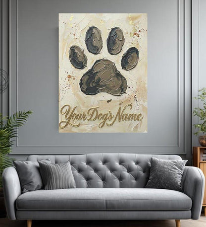 Personalized Dog Paw Print Canvas, Gold Name Pet Memorial Art — Framed Print wall art