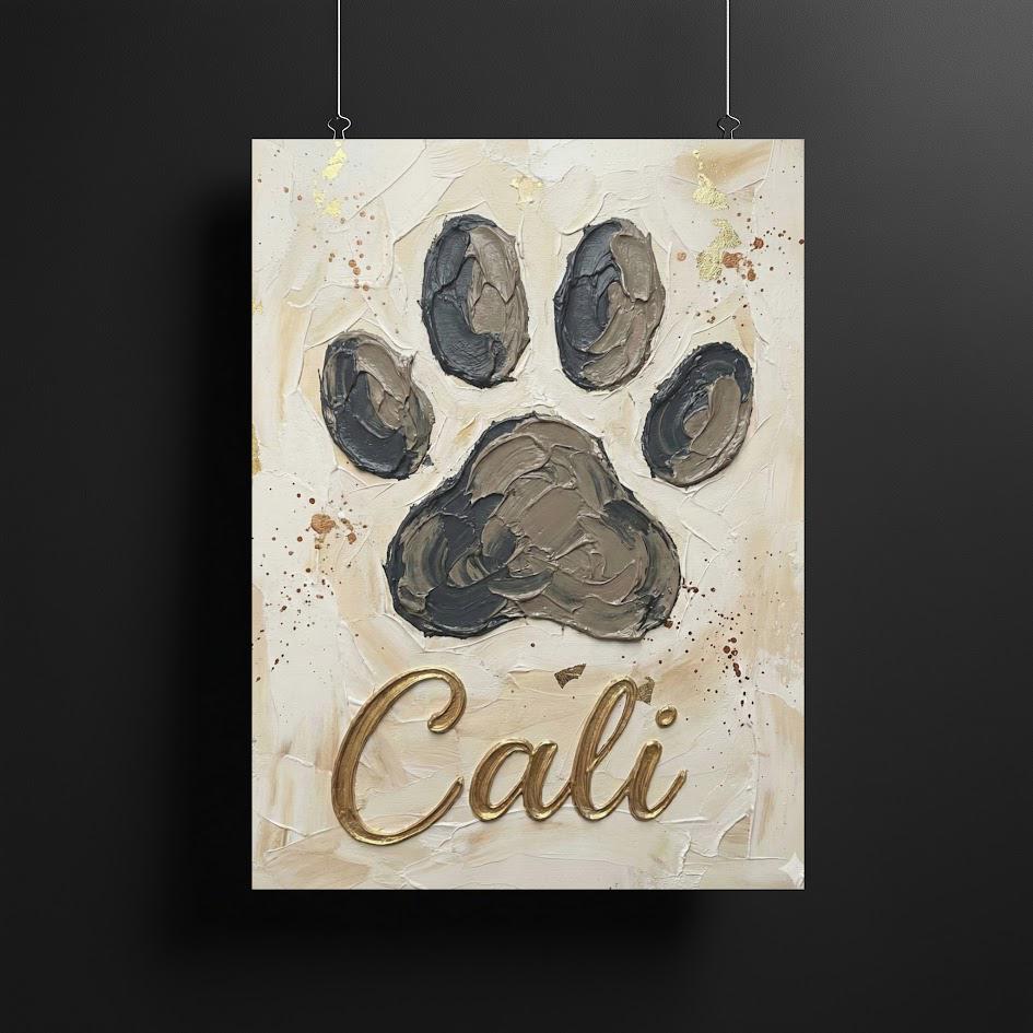 Personalized Dog Paw Print Canvas, Gold Name Pet Memorial Art — Framed Print wall art