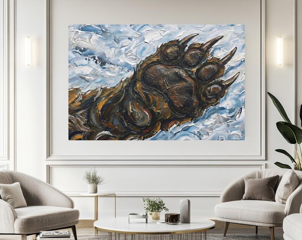 Grizzly Bear Paw Wall Art | Mountain Landscape Oil Painting | Modern Rustic Cabin Decor | Western Wildlife Gift for Him —