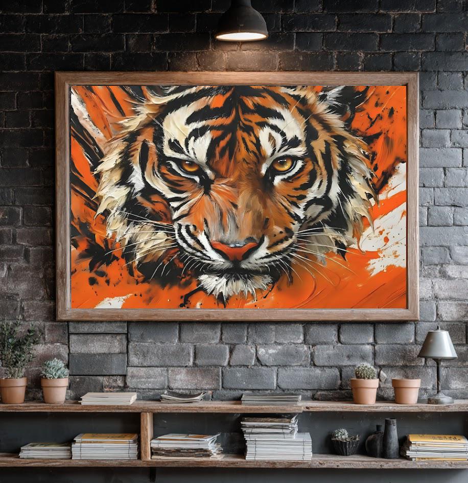 Bengal Tiger Wall Art | Wildlife Canvas or Poster Print for Living Room | Abstract Animal Painting — Framed Print wall art