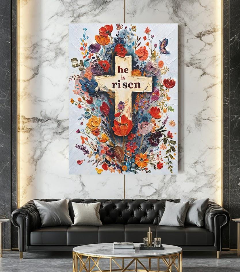 Floral Cross 'He is Risen' Easter Print, Christian Wall Art — Framed Print wall art