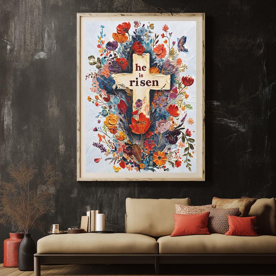 Floral Cross 'He is Risen' Easter Print, Christian Wall Art — Framed Print wall art
