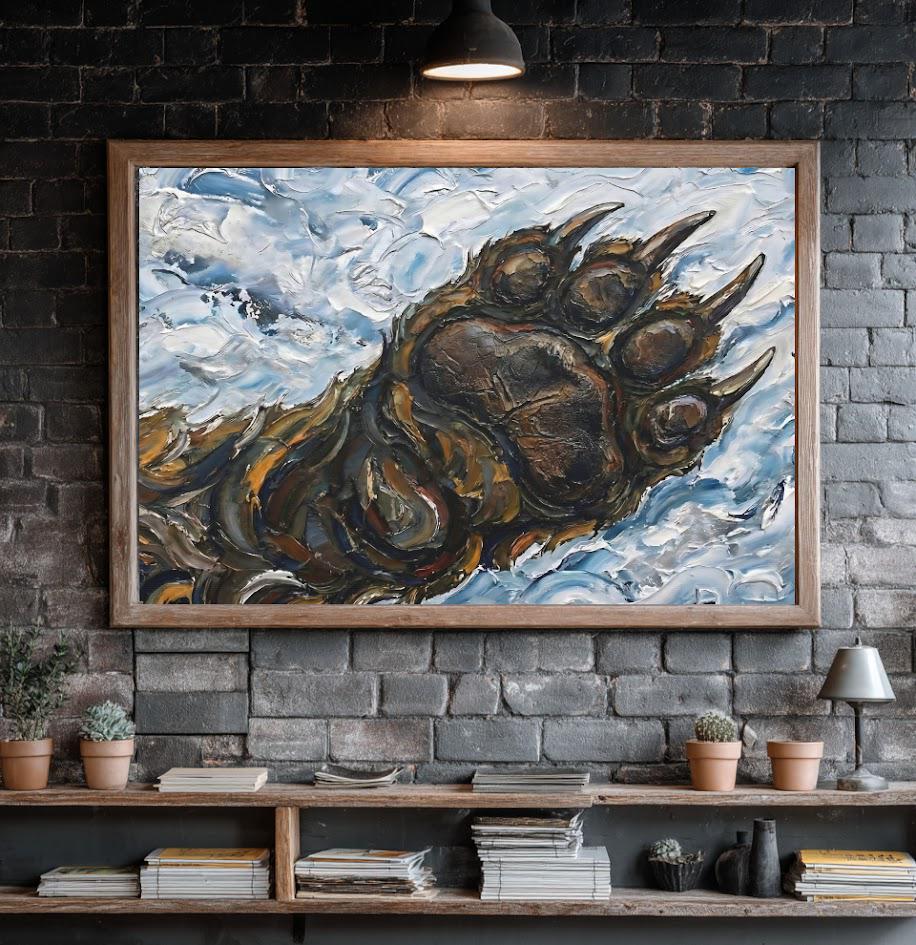 Grizzly Bear Paw Wall Art | Mountain Landscape Oil Painting | Modern Rustic Cabin Decor | Western Wildlife Gift for Him —
