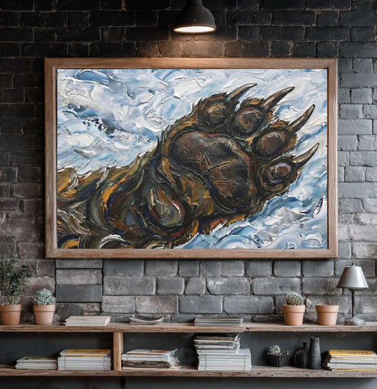 Grizzly Bear Paw Wall Art | Mountain Landscape Oil Painting | Modern Rustic Cabin Decor | Western Wildlife Gift for Him —