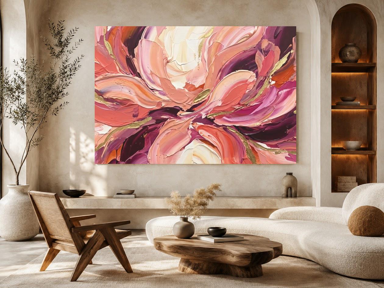 Pink Floral Canvas Wall Art, Colorful Abstract Flower for Living Room — Framed Print wall art