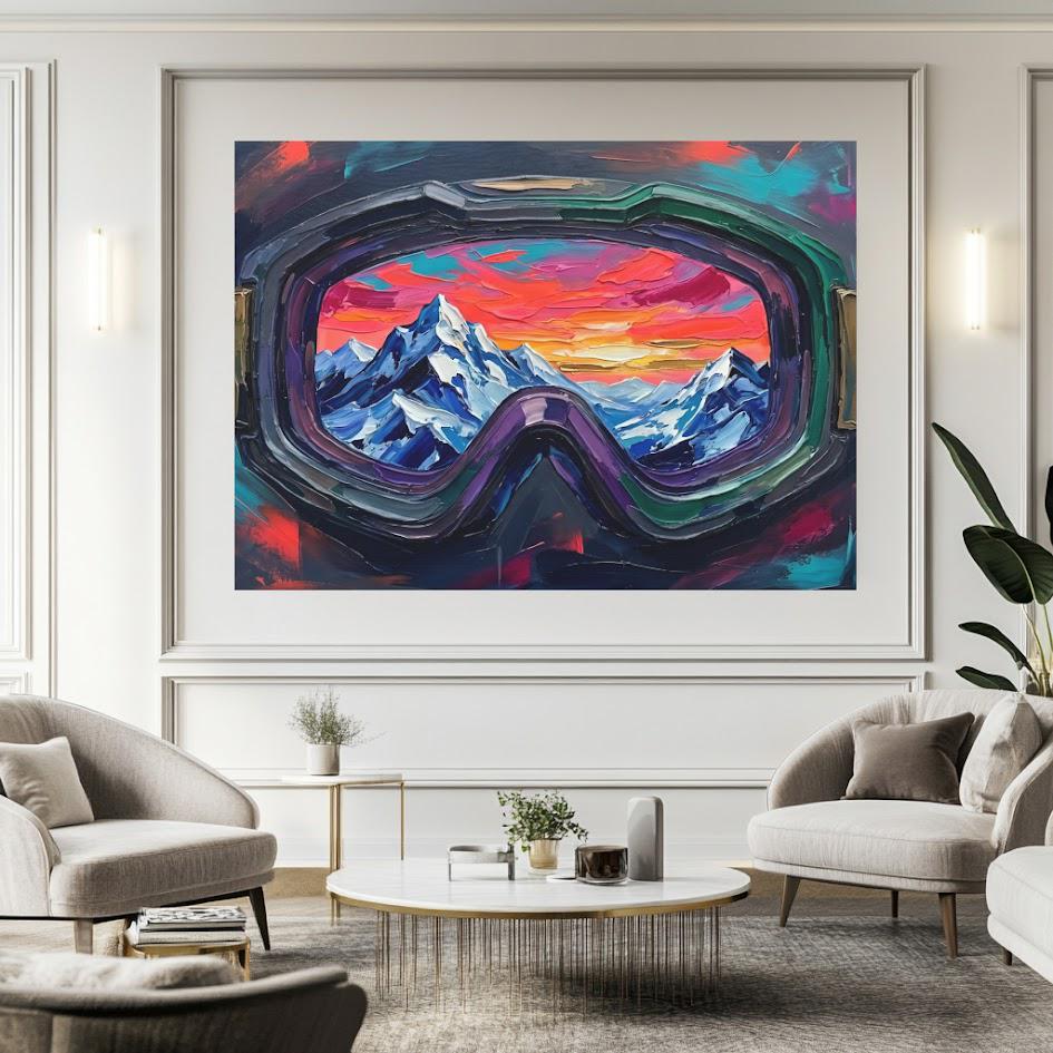 Ski Goggles Mountain Canvas Art, Colorful Snowboard Wall Print — Framed Print wall art
