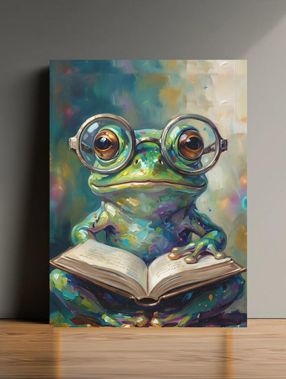 Frog Reading Canvas Wall Art, Whimsical Animal Print for Kids Room — Framed Print wall art