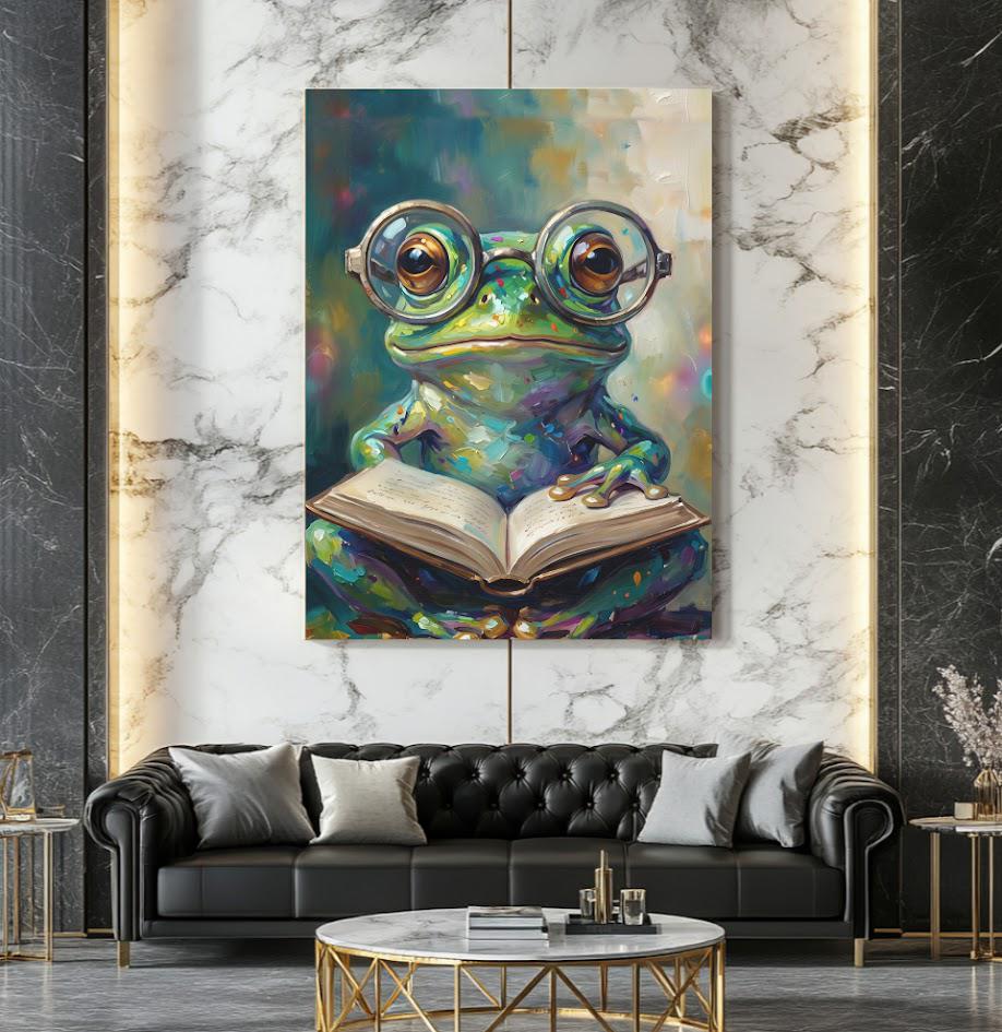 Frog Reading Canvas Wall Art, Whimsical Animal Print for Kids Room — Framed Print wall art