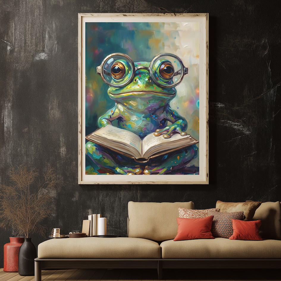 Frog Reading Canvas Wall Art, Whimsical Animal Print for Kids Room — Framed Print wall art
