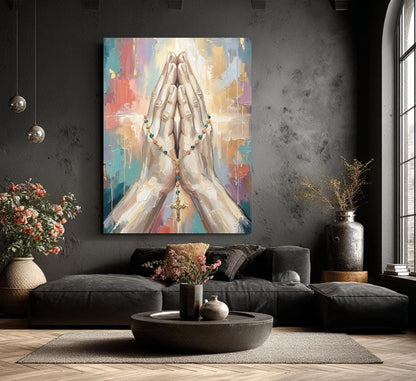 Praying Hands Wall Art, Rosary Christian Canvas Print for Prayer Room — Framed Print wall art