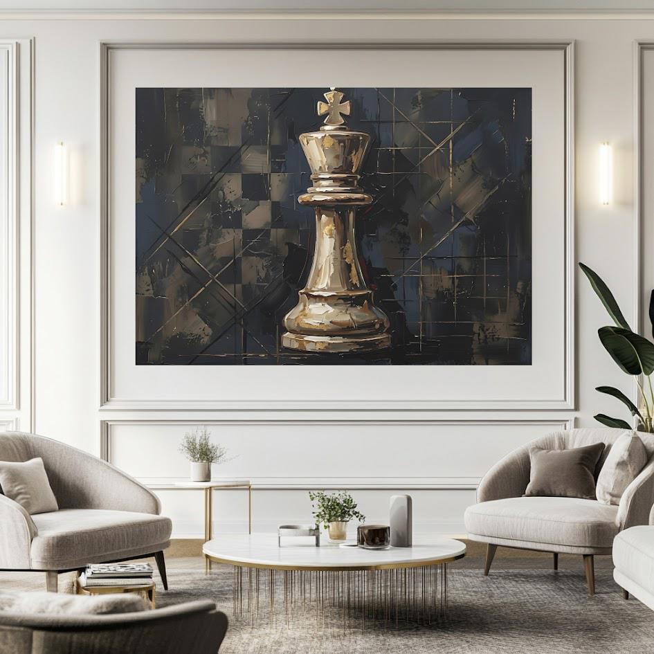 Chess King Canvas Wall Art, Black Gold Strategy Print for Office — Framed Print wall art