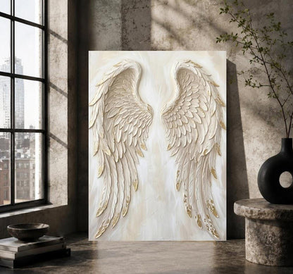 Angel Wings Wall Art, White Gold Christian Canvas for Prayer Room — Framed Print wall art