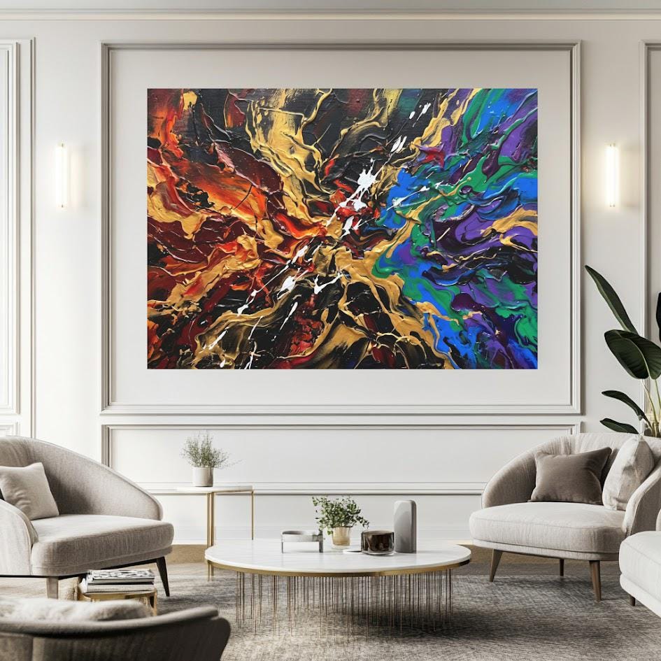 Colorful Abstract Canvas Wall Art, Bold Gold Statement Print for Living Room — Framed Print wall art