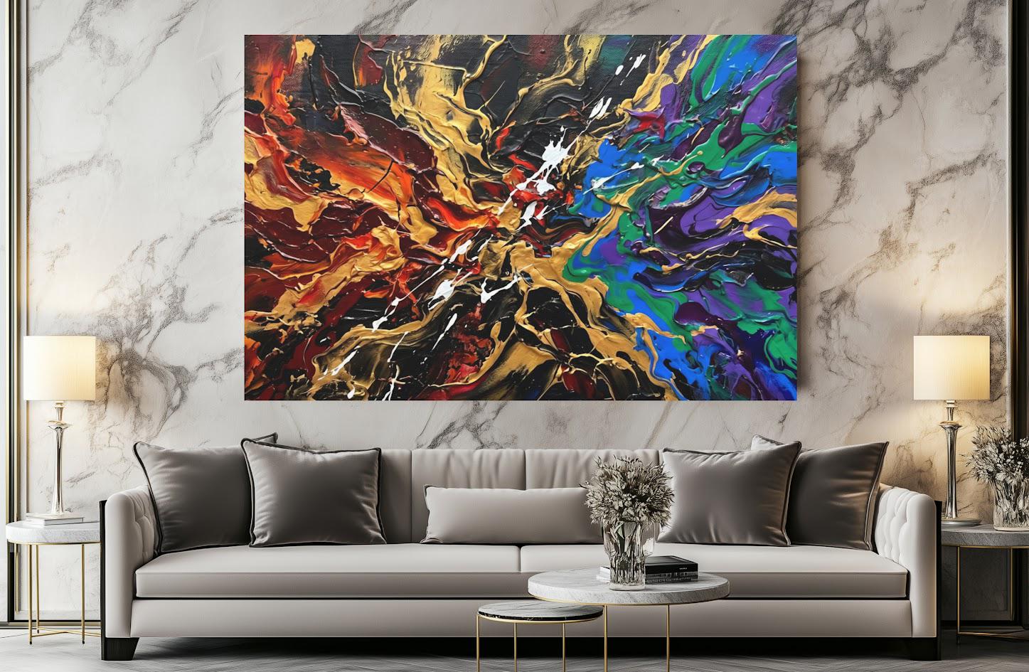 Colorful Abstract Canvas Wall Art, Bold Gold Statement Print for Living Room — Framed Print wall art