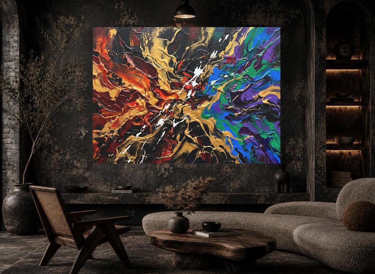 Colorful Abstract Canvas Wall Art, Bold Gold Statement Print for Living Room — Framed Print wall art